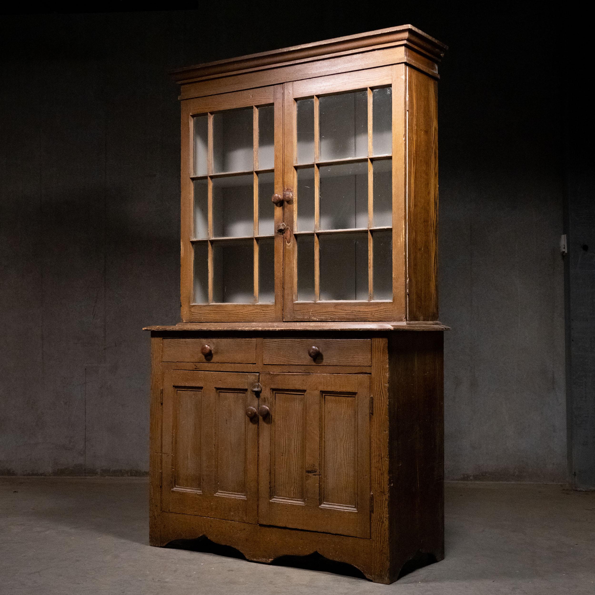 19th Century Pine Step Back Glass Door Country Cabinet 8
