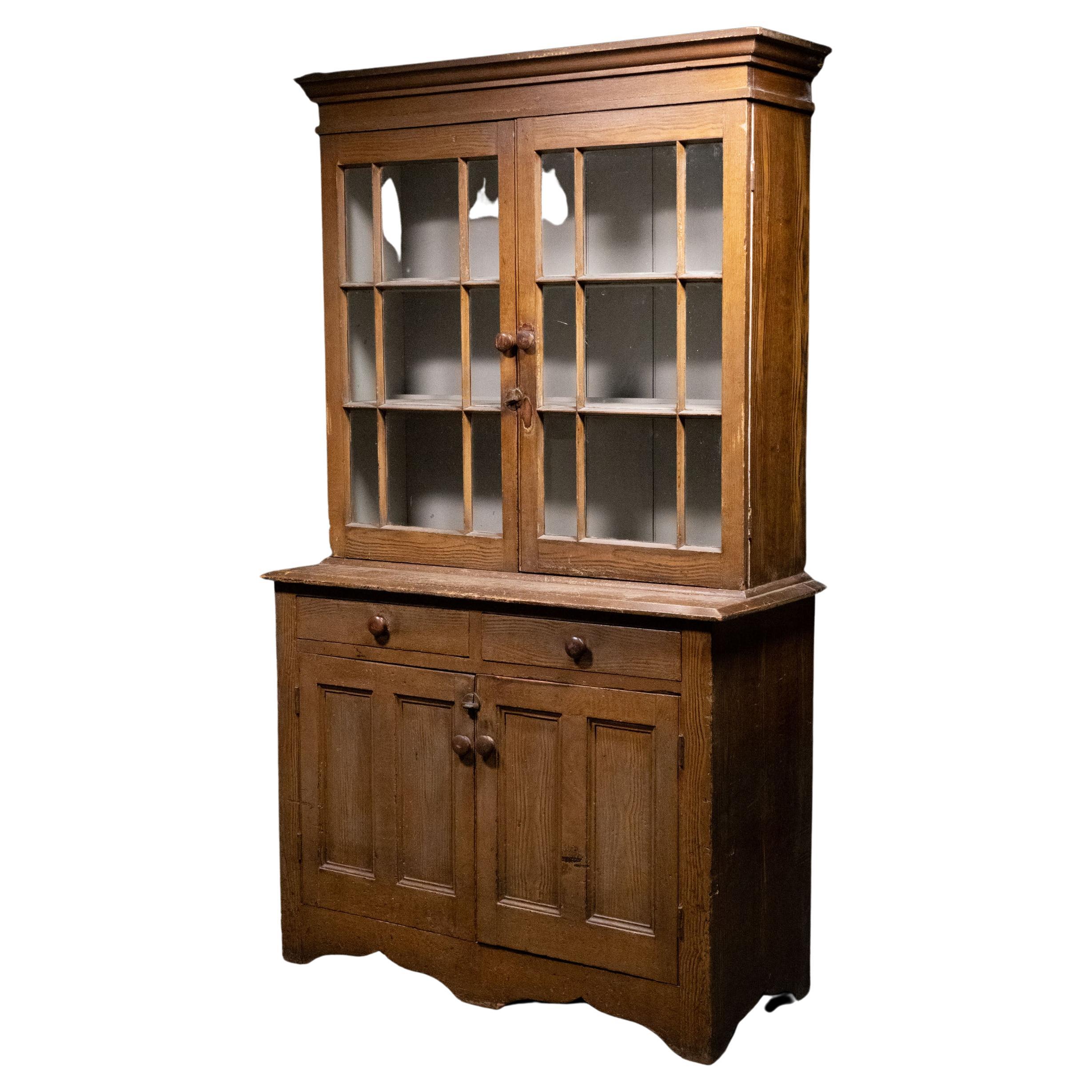 19th Century Pine Step Back Glass Door Country Cabinet
