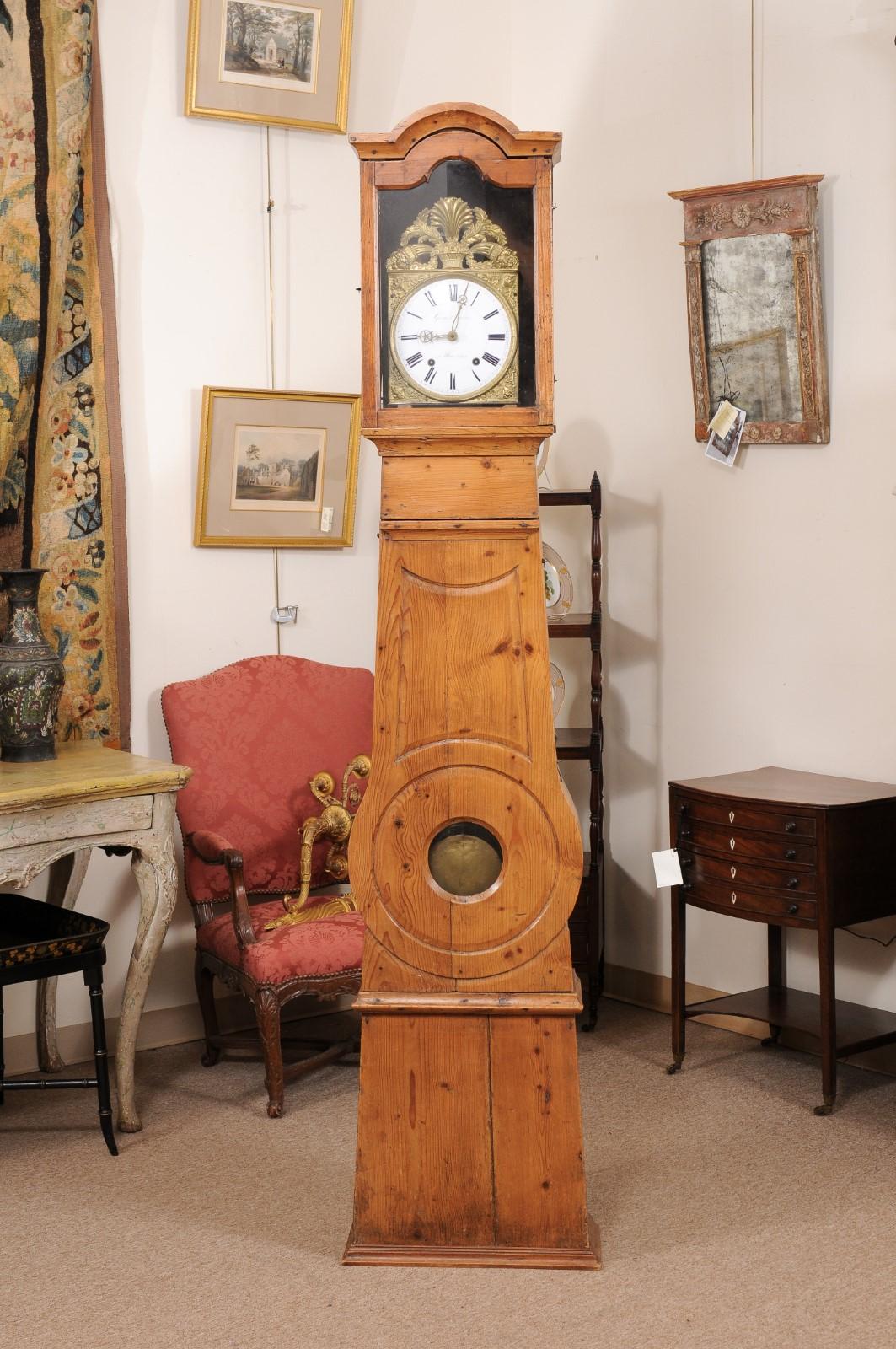 19th Century Pine Tallcase Clock with Pressed Gilt Metal Face & Enameled Dial For Sale 6