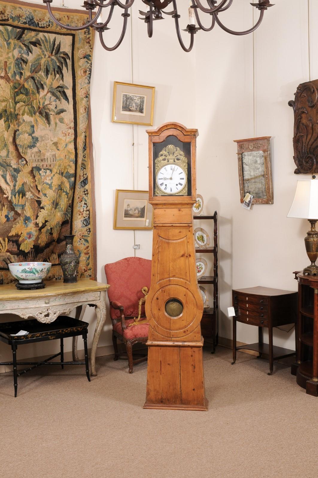 19th Century Pine Tallcase Clock with Pressed Gilt Metal Face & Enameled Dial For Sale 7