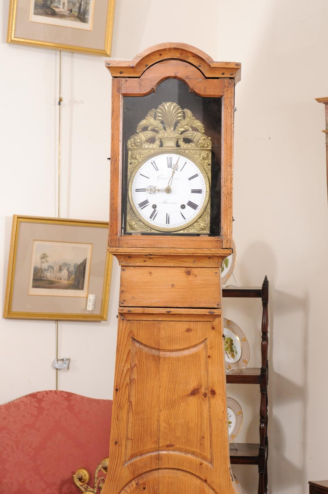19th Century Pine Tallcase Clock with Pressed Gilt Metal Face & Enameled Dial For Sale 9
