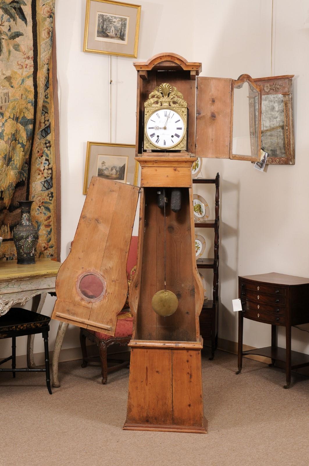 19th Century Pine Tallcase Clock with Pressed Gilt Metal Face & Enameled Dial For Sale 10