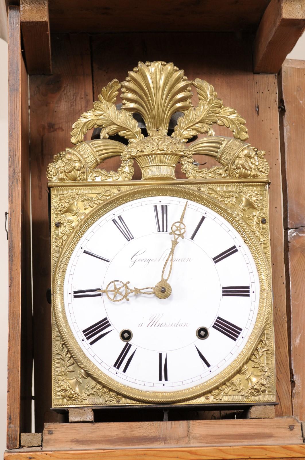 19th Century Pine Tallcase Clock with Pressed Gilt Metal Face & Enameled Dial, signed “George Herman, France”