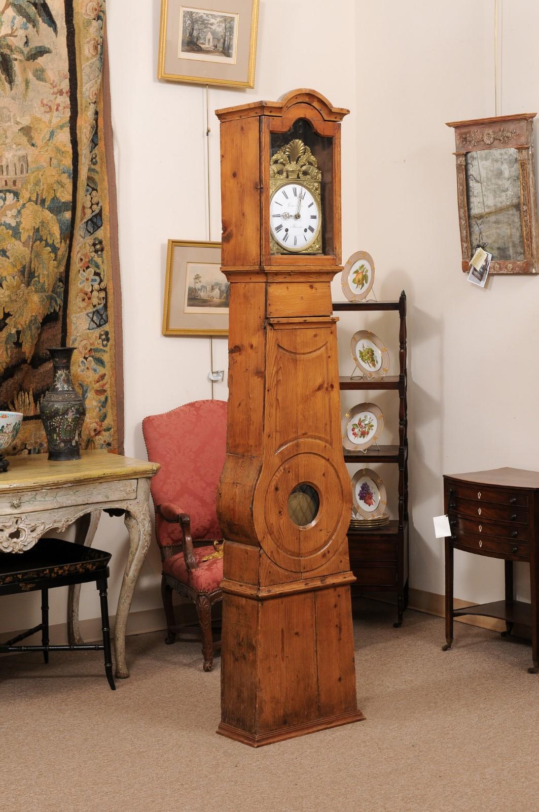 French 19th Century Pine Tallcase Clock with Pressed Gilt Metal Face & Enameled Dial For Sale