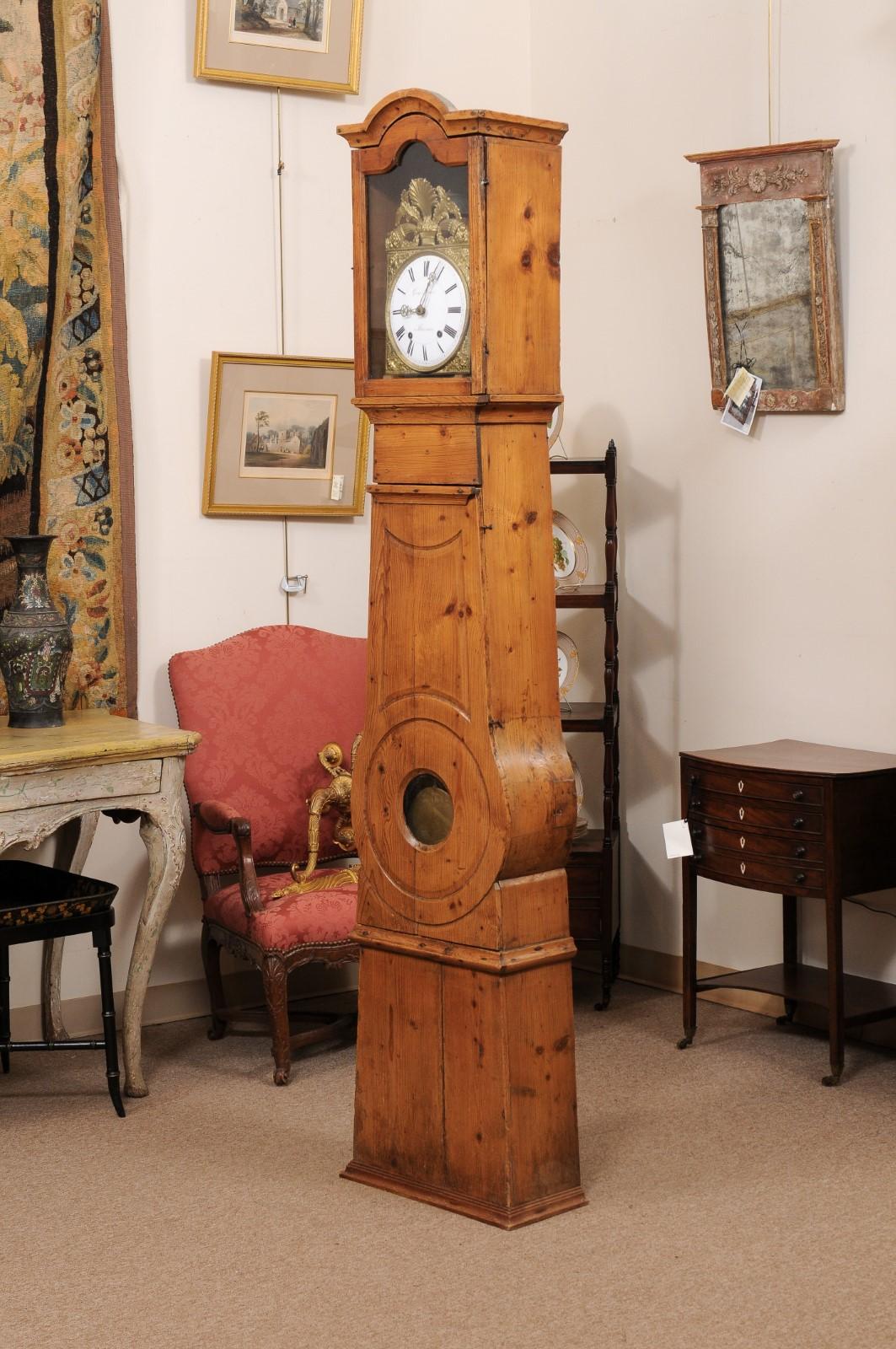 19th Century Pine Tallcase Clock with Pressed Gilt Metal Face & Enameled Dial For Sale 5