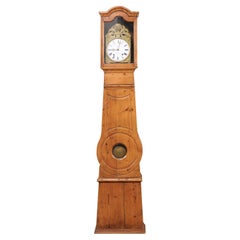 19th Century Pine Tallcase Clock with Pressed Gilt Metal Face & Enameled Dial