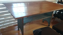 19th Century Pine Tilt-Top Hutch Table and Bench with Blue Painted Base