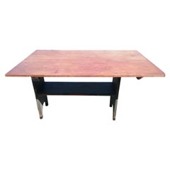 19th Century Pine Tilt-Top Hutch Table and Bench with Blue Painted Base