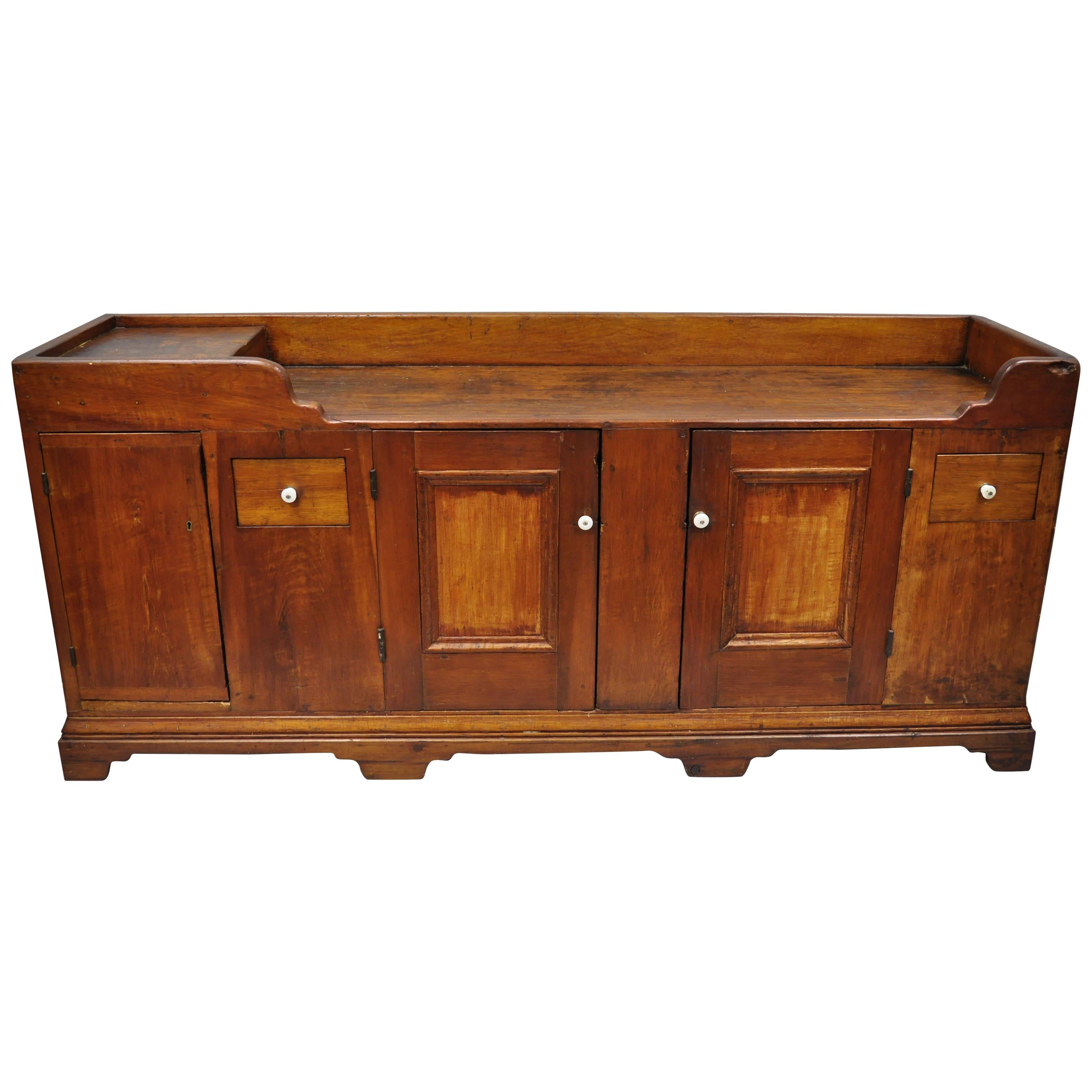 19th Century Pine Wood Primitive Long Dry Sink Cupboard Cabinet Sideboard Buffet