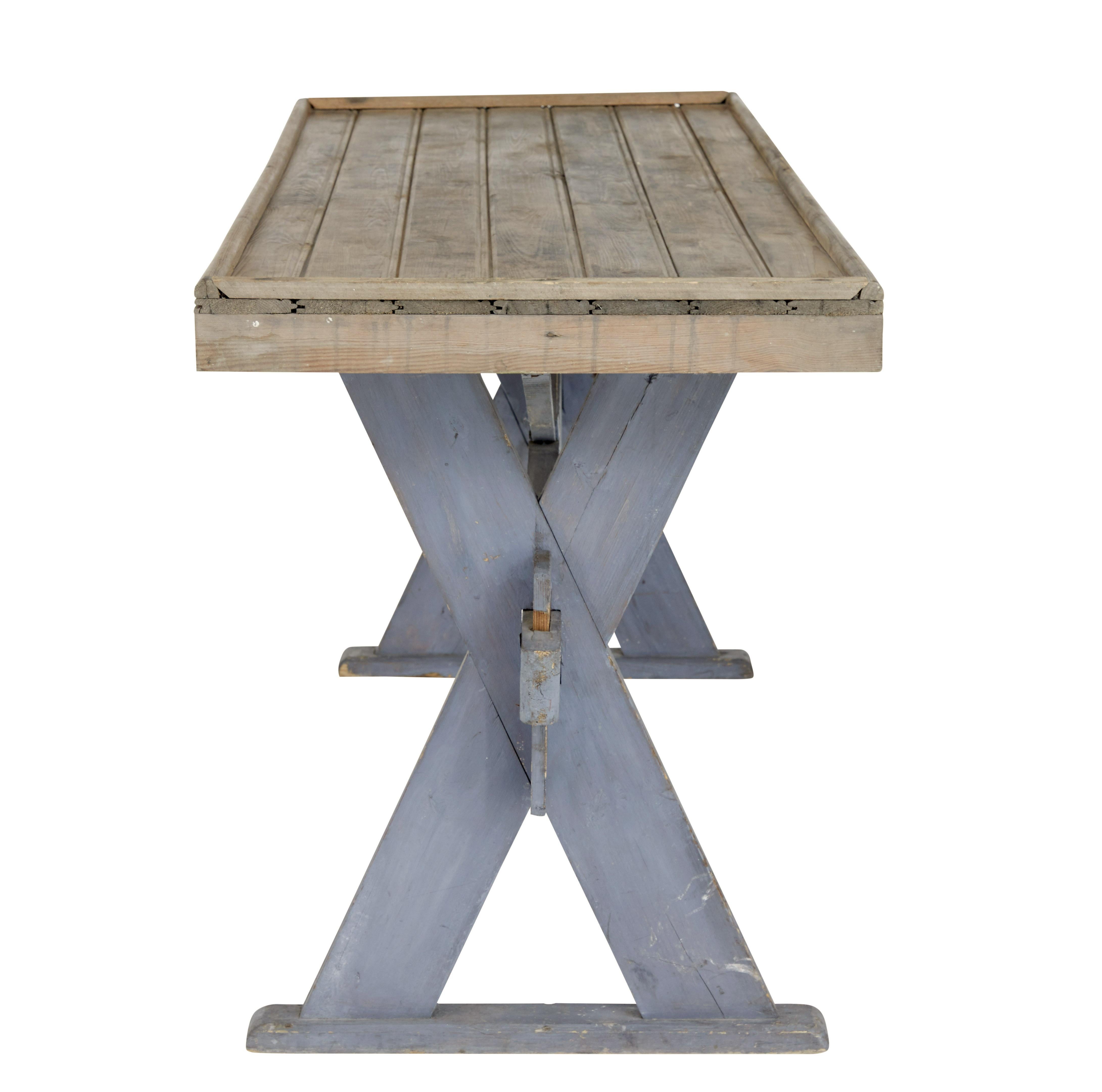 Rustic 19th Century pine x frame painted work table For Sale