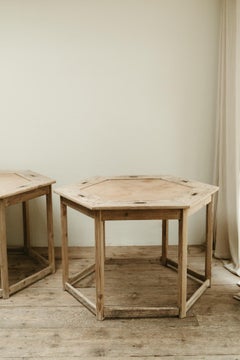 19th century pinewood/leather hexagonal center tables ....