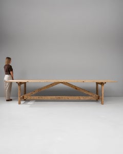 19th Century Pinewood Trestle Table with Angular Stretcher Base