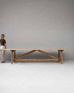 19th Century Pinewood Trestle Table with Angular Stretcher Base