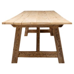 19th Century Pinewood Trestle Table with Angular Stretcher Base