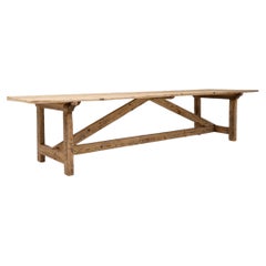 19th Century Pinewood Trestle Table with Angular Stretcher Base