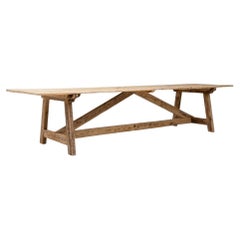19th Century Pinewood Trestle Table with Angular Stretcher Base