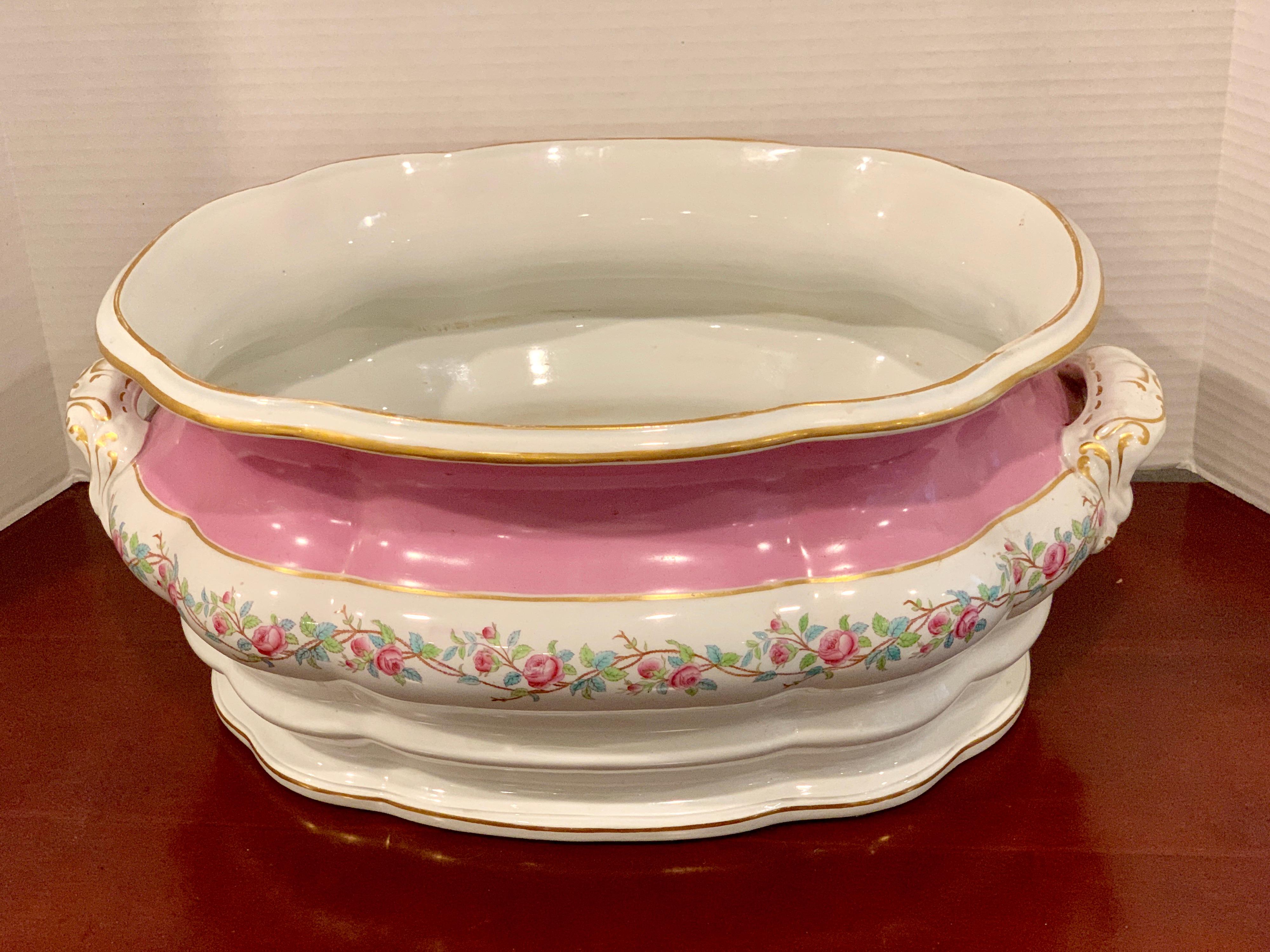 19th Century Pink Floral Porcelain Foot Bath, Attributed to Mintons For Sale 4