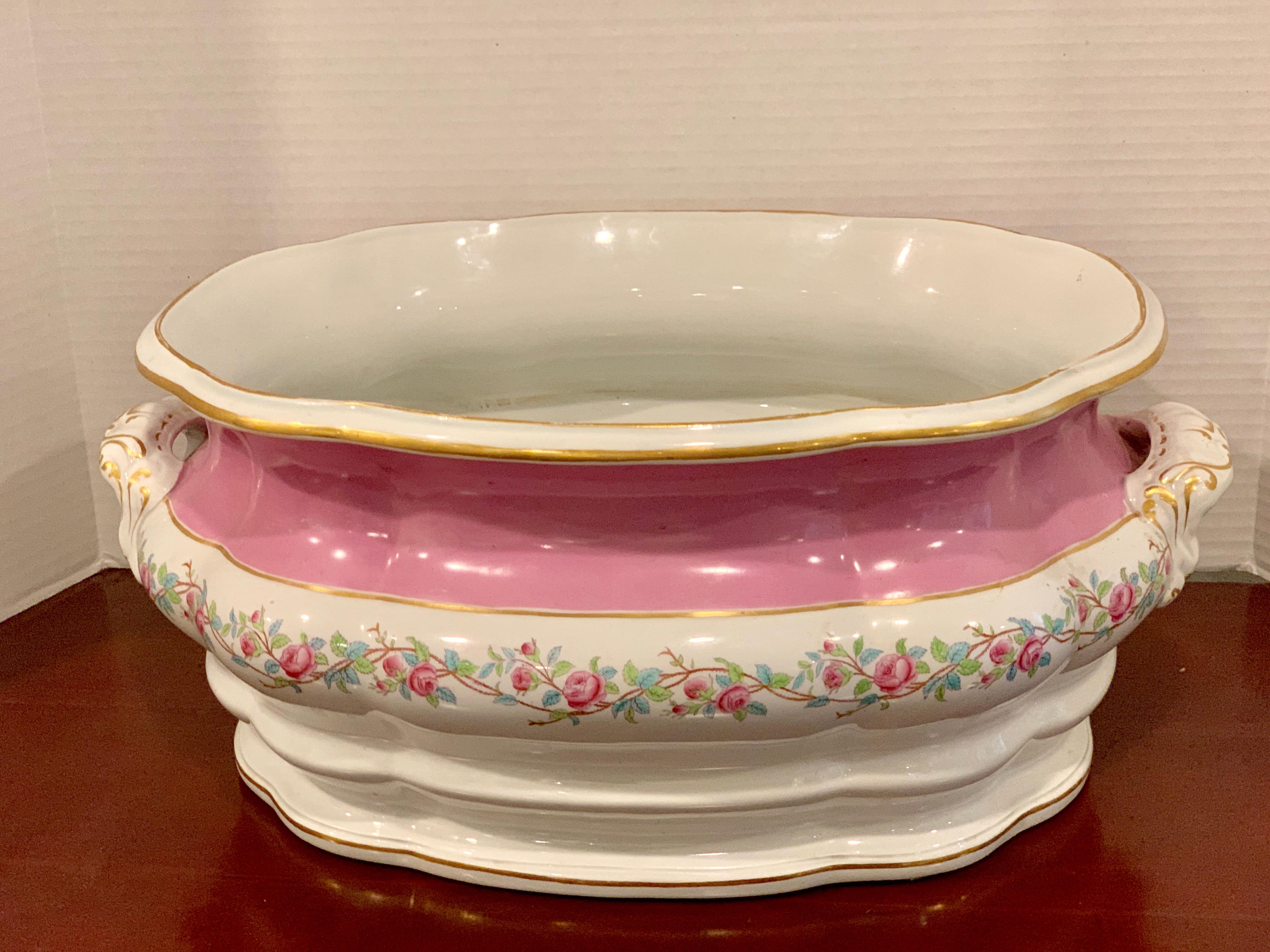 19th Century Pink Floral Porcelain Foot Bath, Attributed to Mintons For Sale 5