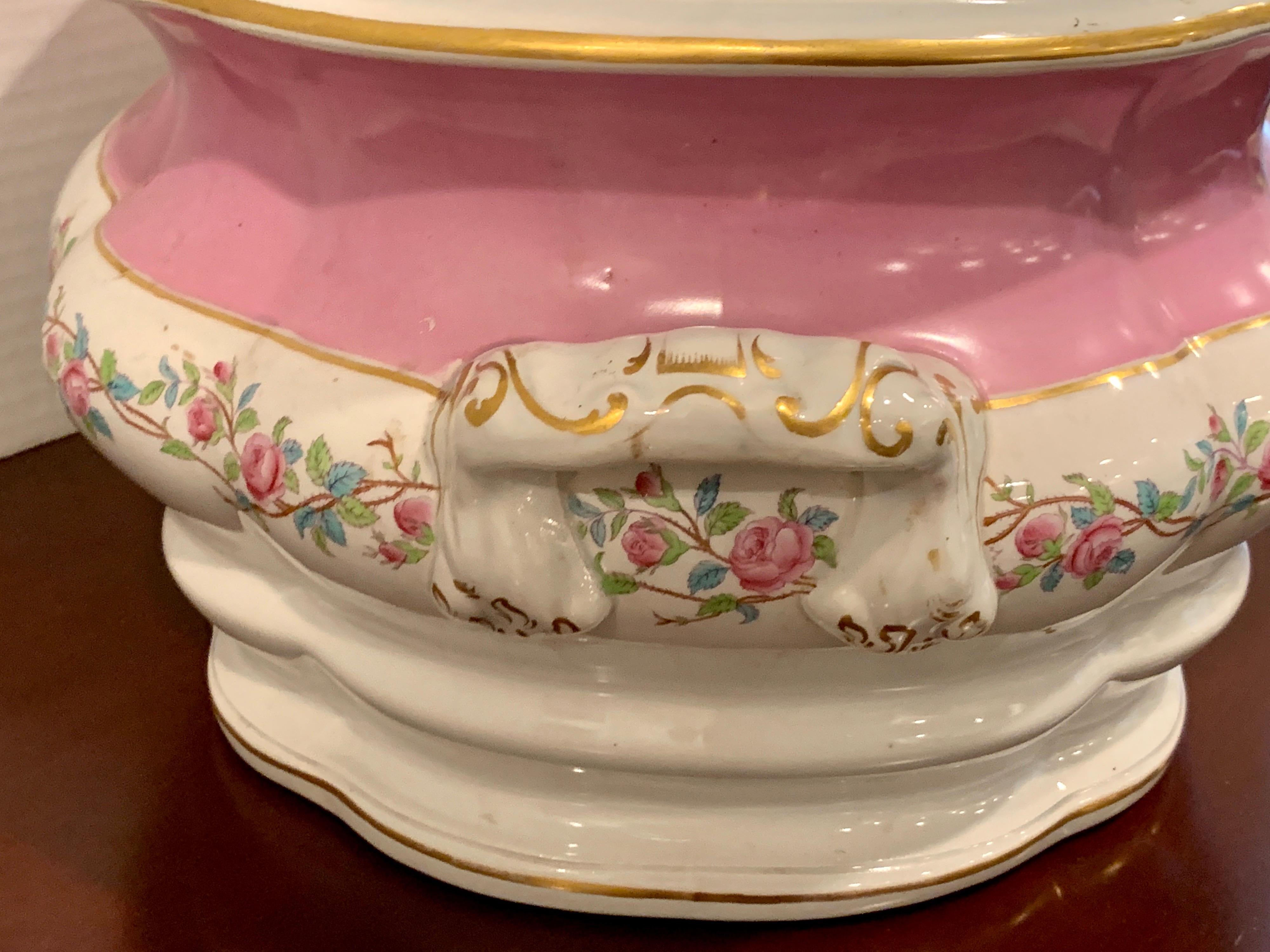 English 19th Century Pink Floral Porcelain Foot Bath, Attributed to Mintons For Sale