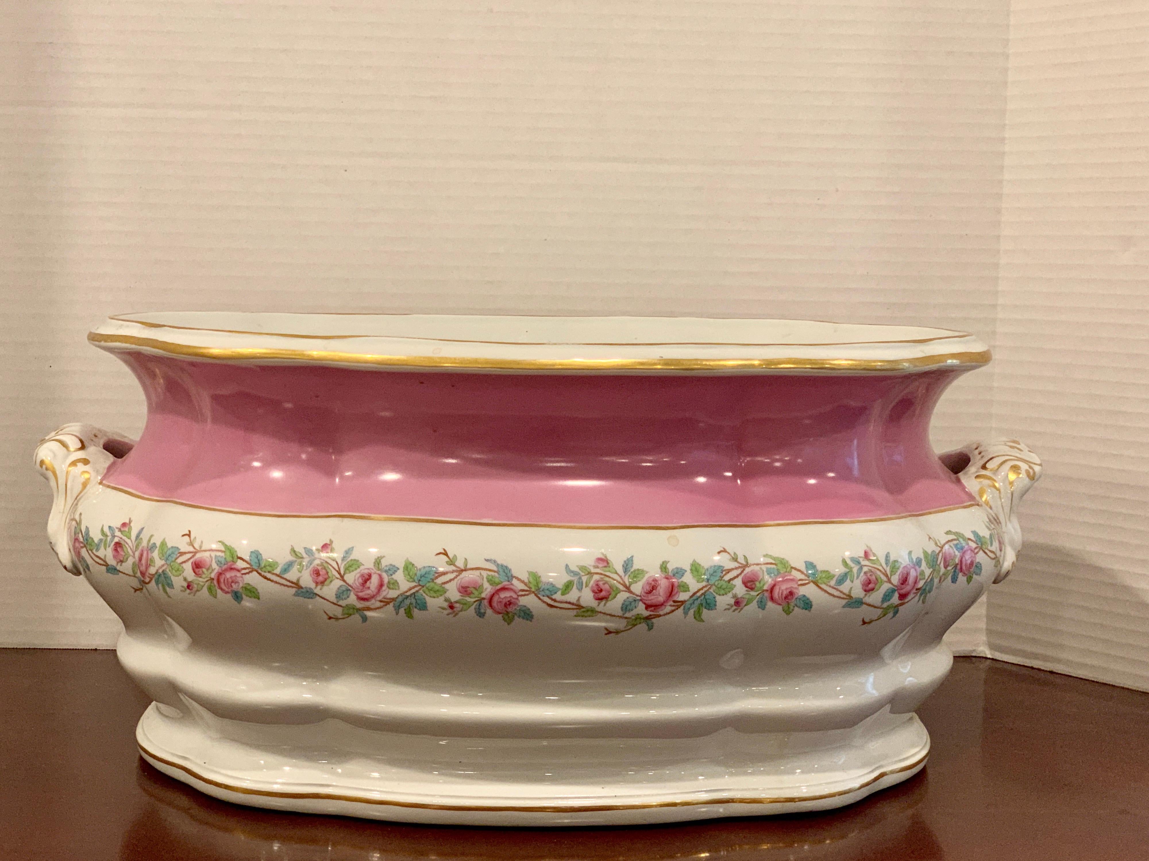 19th Century Pink Floral Porcelain Foot Bath, Attributed to Mintons For Sale 3