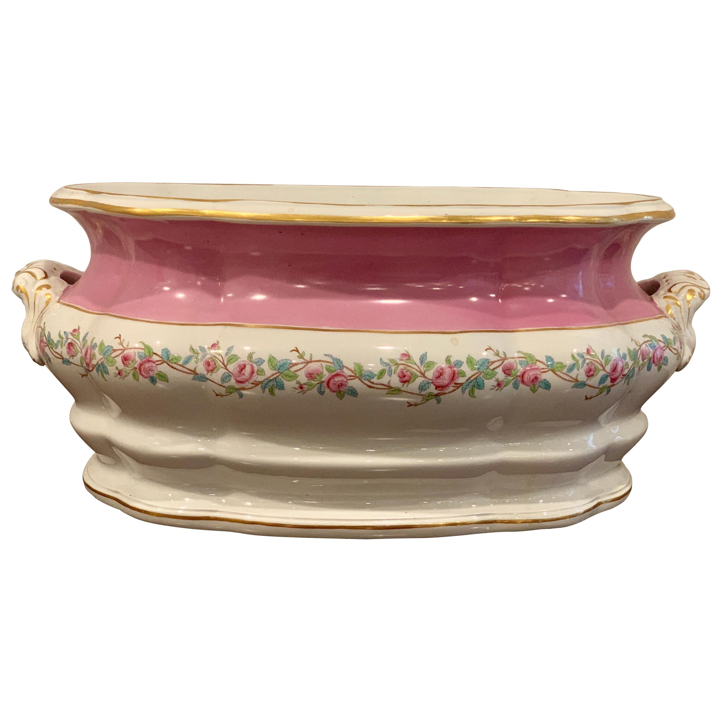 19th Century Pink Floral Porcelain Foot Bath, Attributed to Mintons For Sale