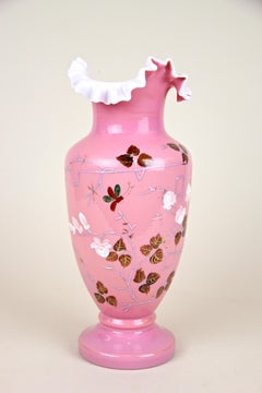 19th Century Pink Glass Vase with Enamel Paintings, Austria, circa 1890