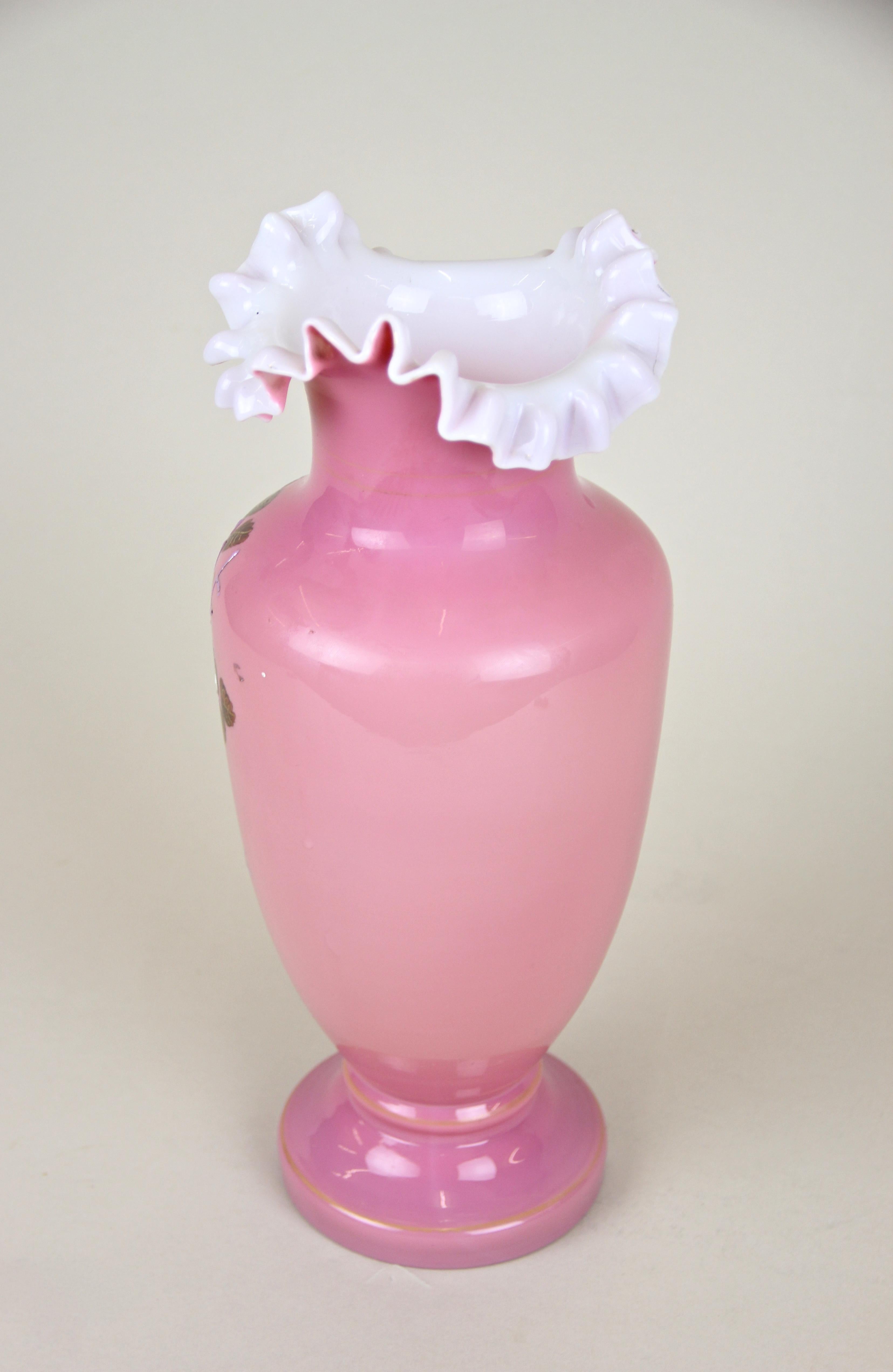 Art Nouveau 19th Century Pink Glass Vase with Enamel Paintings, Austria, circa 1890 For Sale
