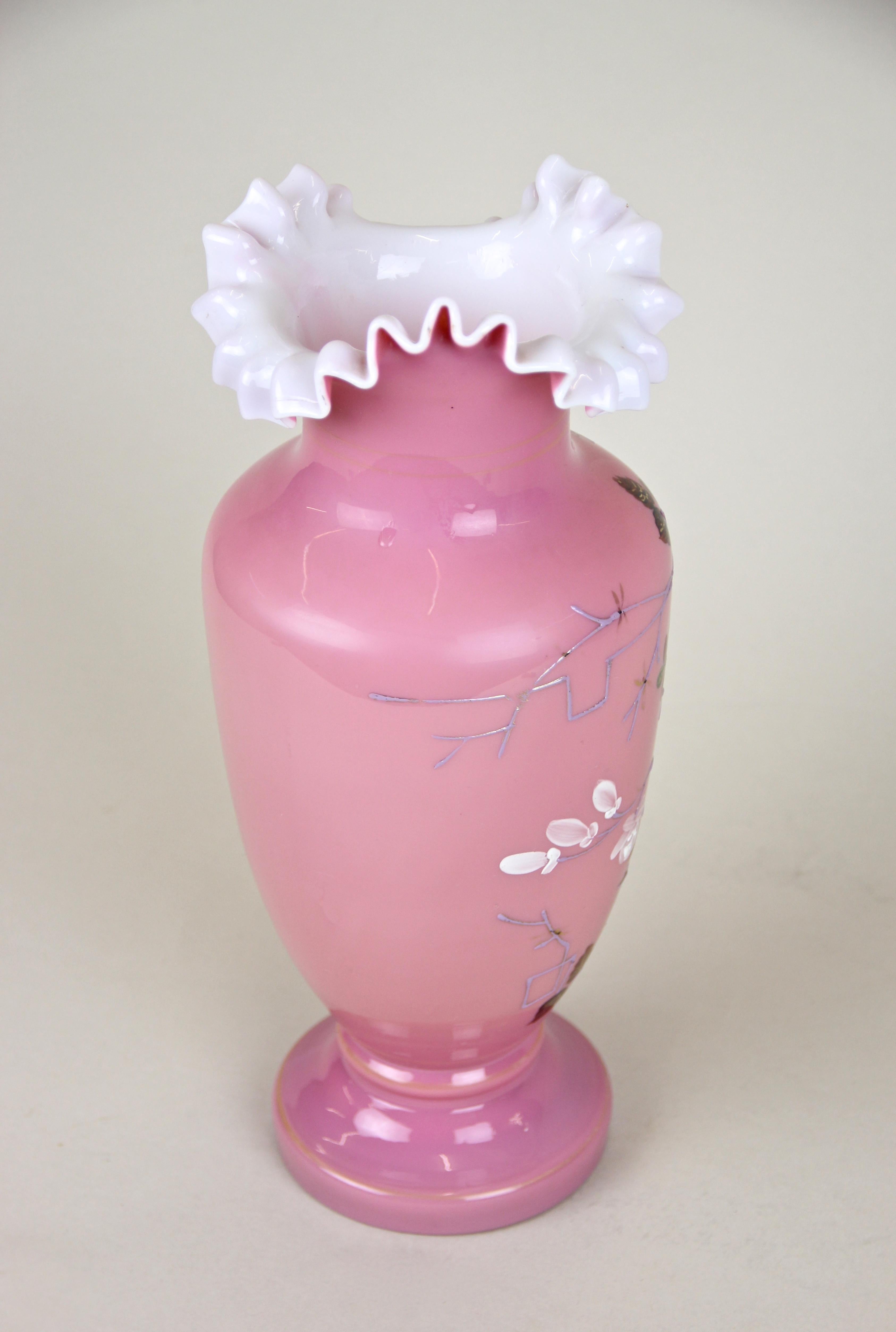 Austrian 19th Century Pink Glass Vase with Enamel Paintings, Austria, circa 1890 For Sale