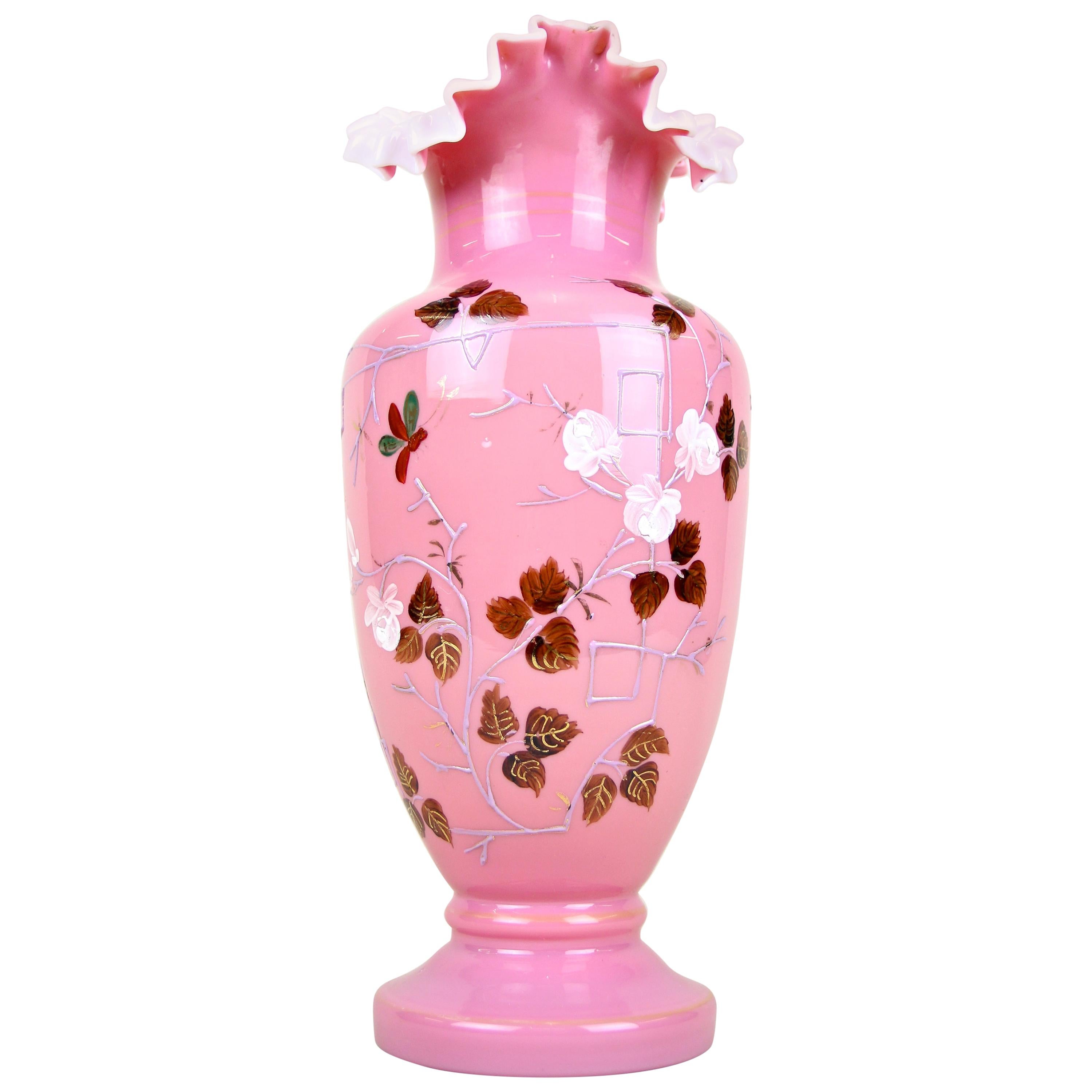 19th Century Pink Glass Vase with Enamel Paintings, Austria, circa 1890 For Sale