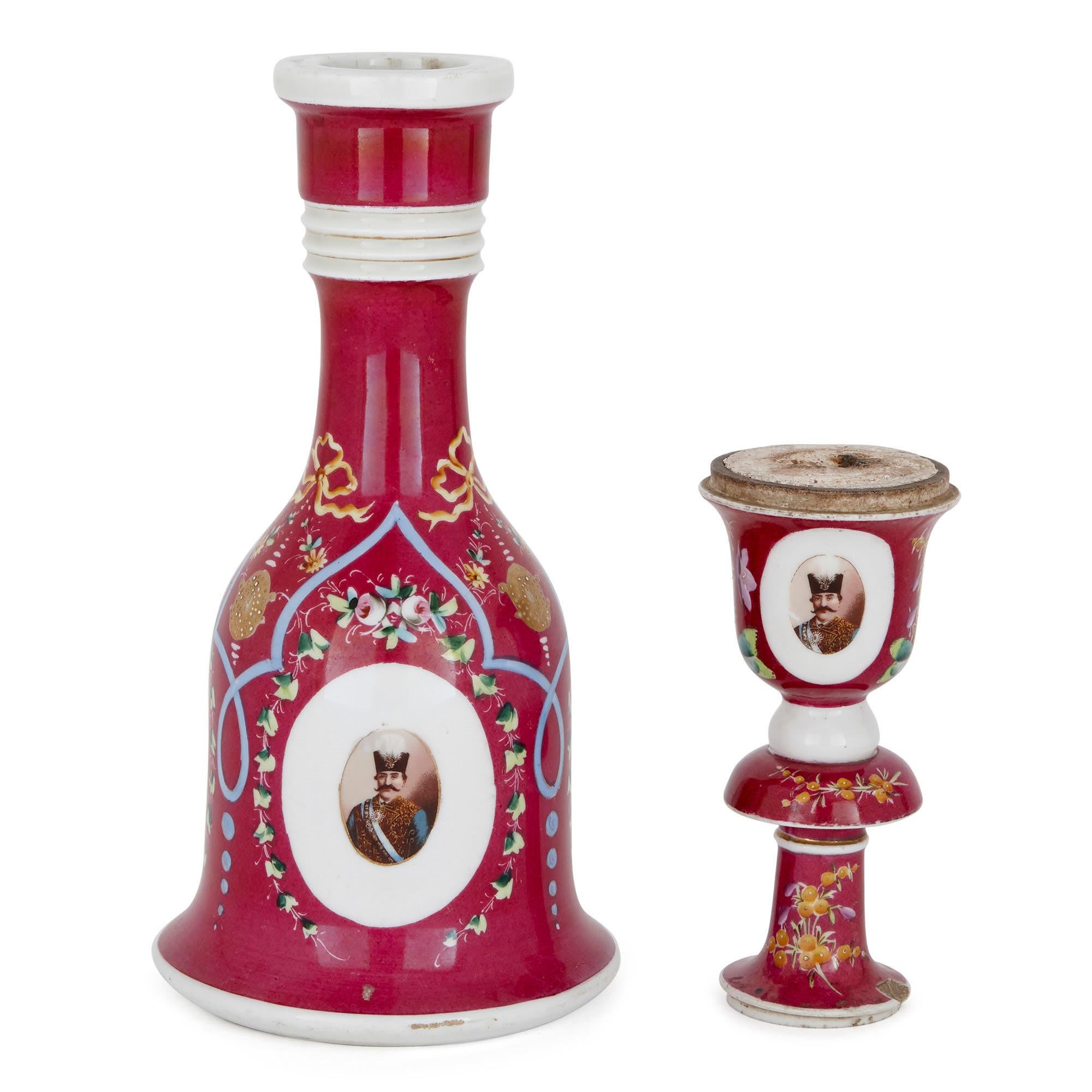 This beautiful porcelain huqqa (or hookah) is of Continental, possibly Russian, origin and was created in the late 19th Century. The item is finely painted and decorated with photo-realistic portraits of the Qajar kings of Persia, Naser al-Din Shah