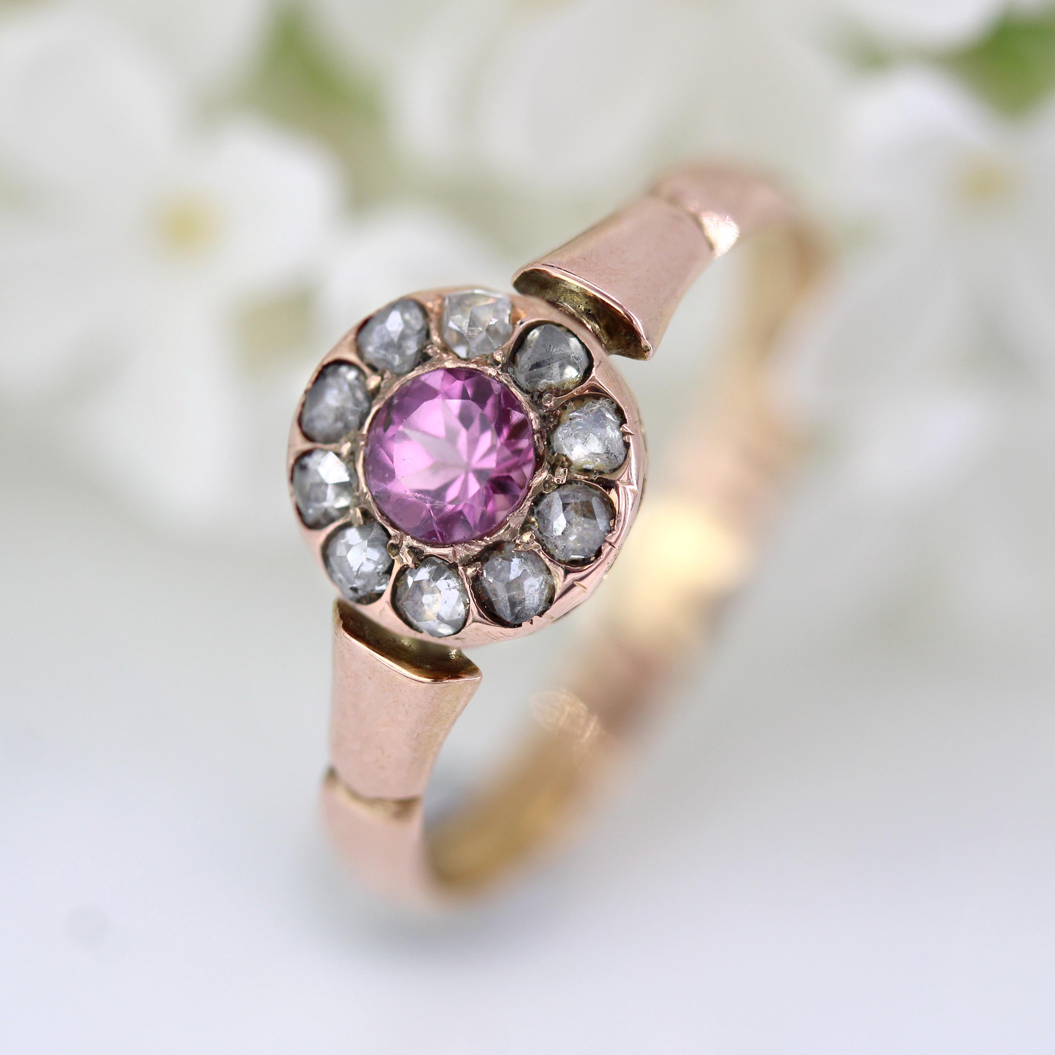 Bague en or rose 18 carats du 19e siècle, saphir rose et diamants taillés en rose en vente 4