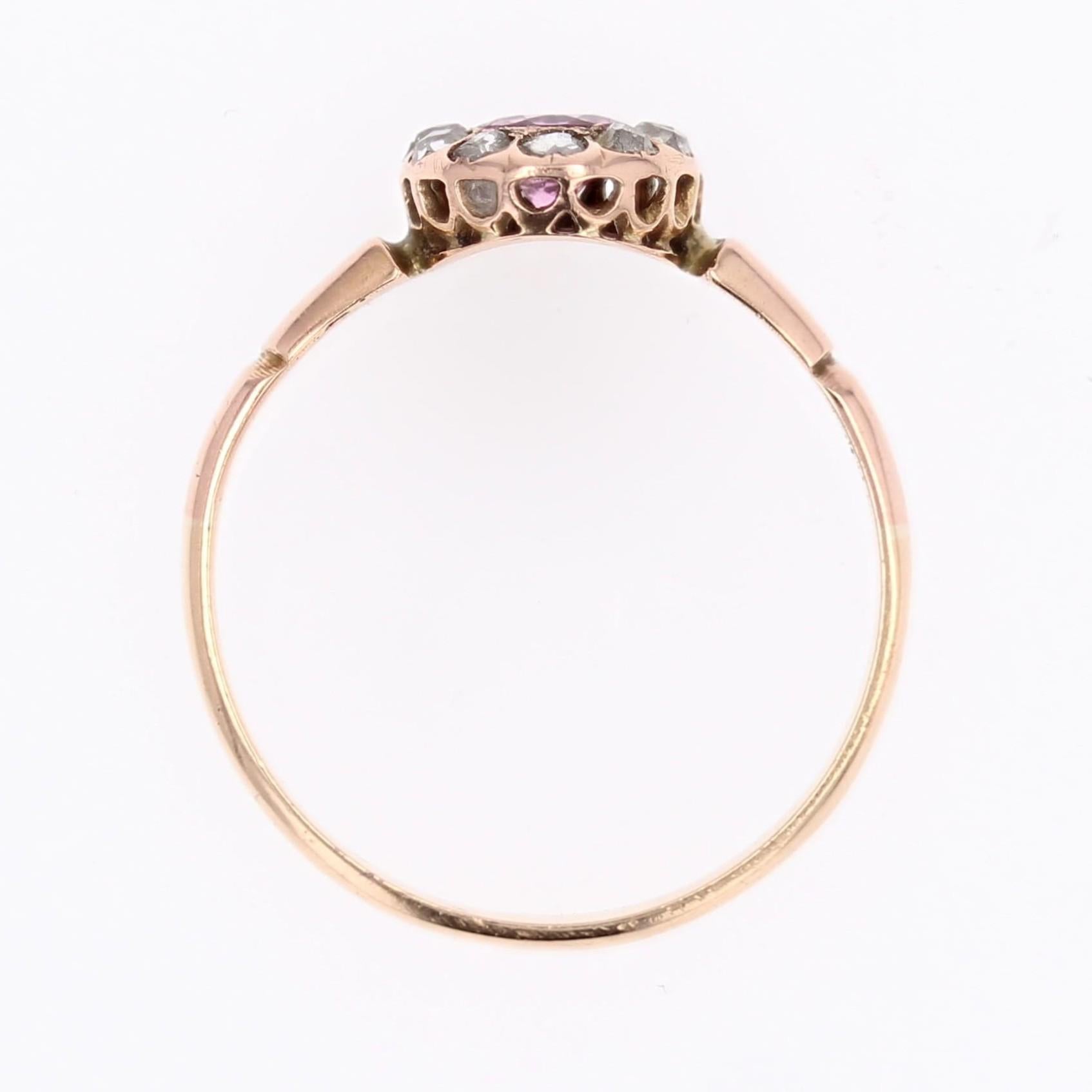 Bague en or rose 18 carats du 19e siècle, saphir rose et diamants taillés en rose en vente 7