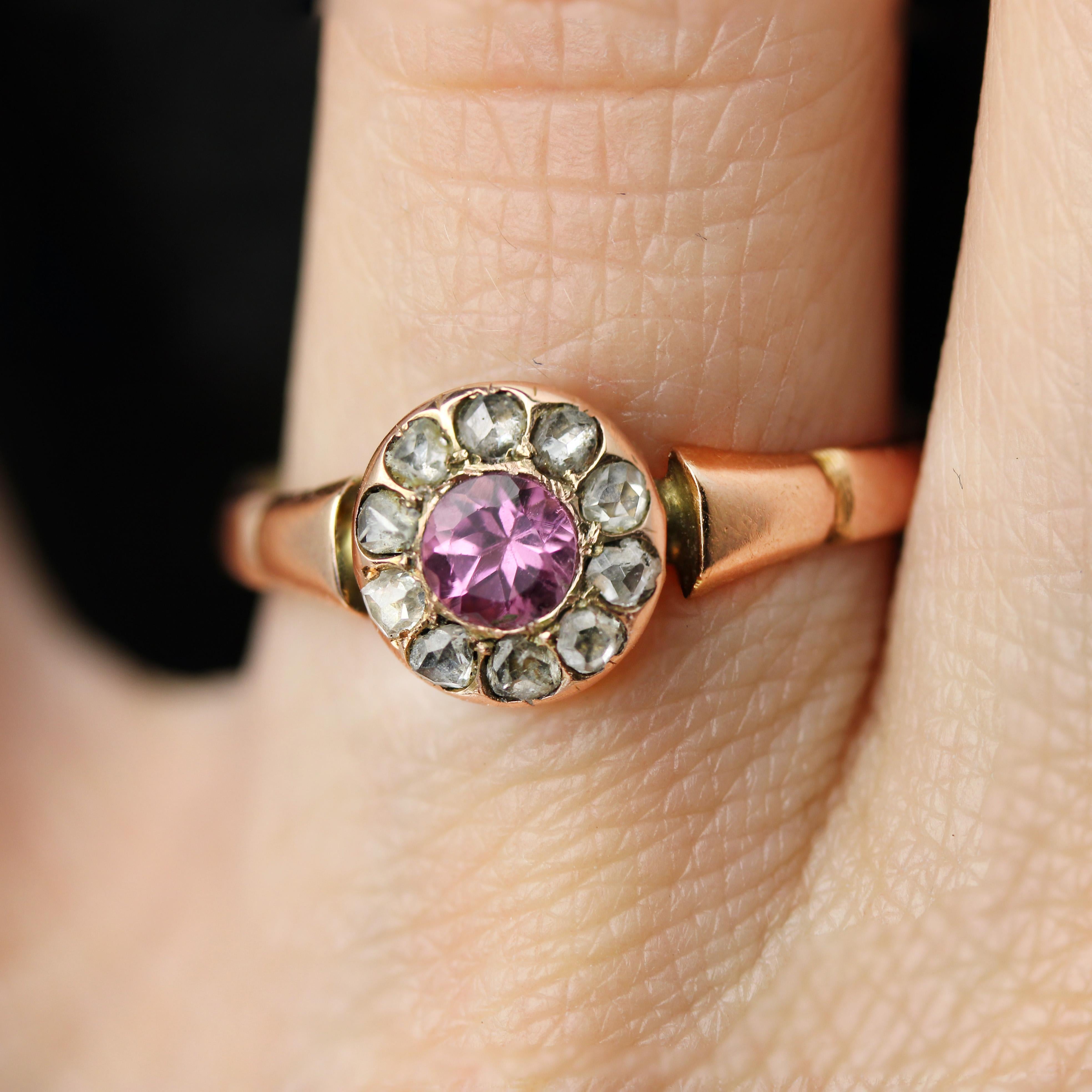 Bague en or rose 18 carats du 19e siècle, saphir rose et diamants taillés en rose Pour femmes en vente