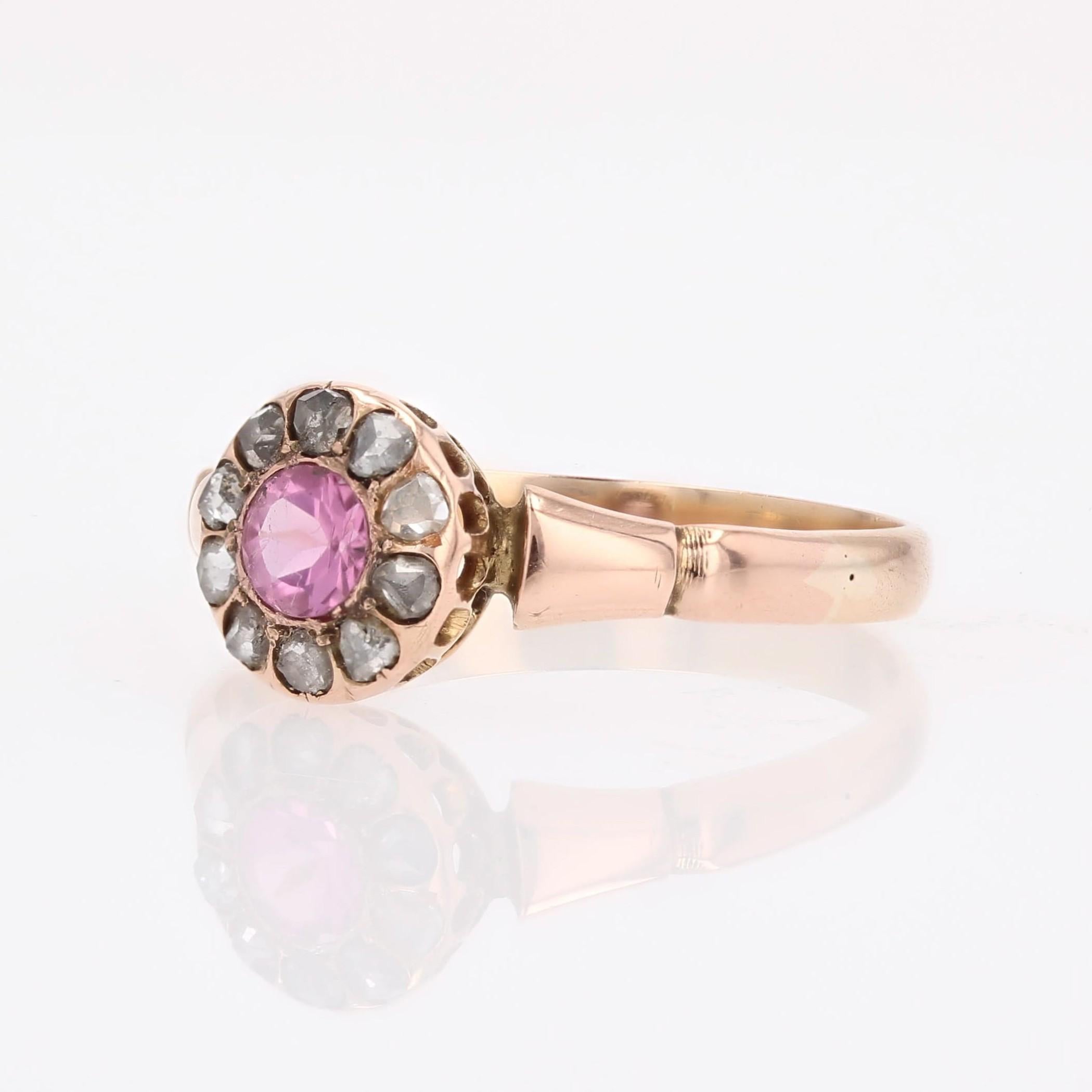 Bague en or rose 18 carats du 19e siècle, saphir rose et diamants taillés en rose en vente 2