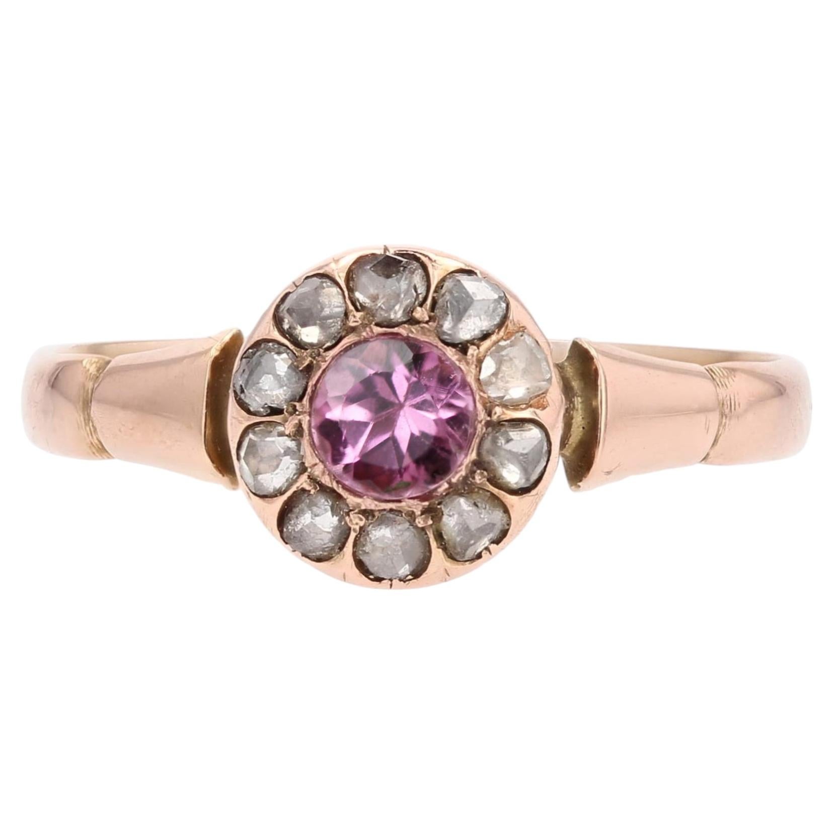 19th Century Pink Sapphire Rose-cut Diamonds 18 Karat Rose Gold Ring For Sale