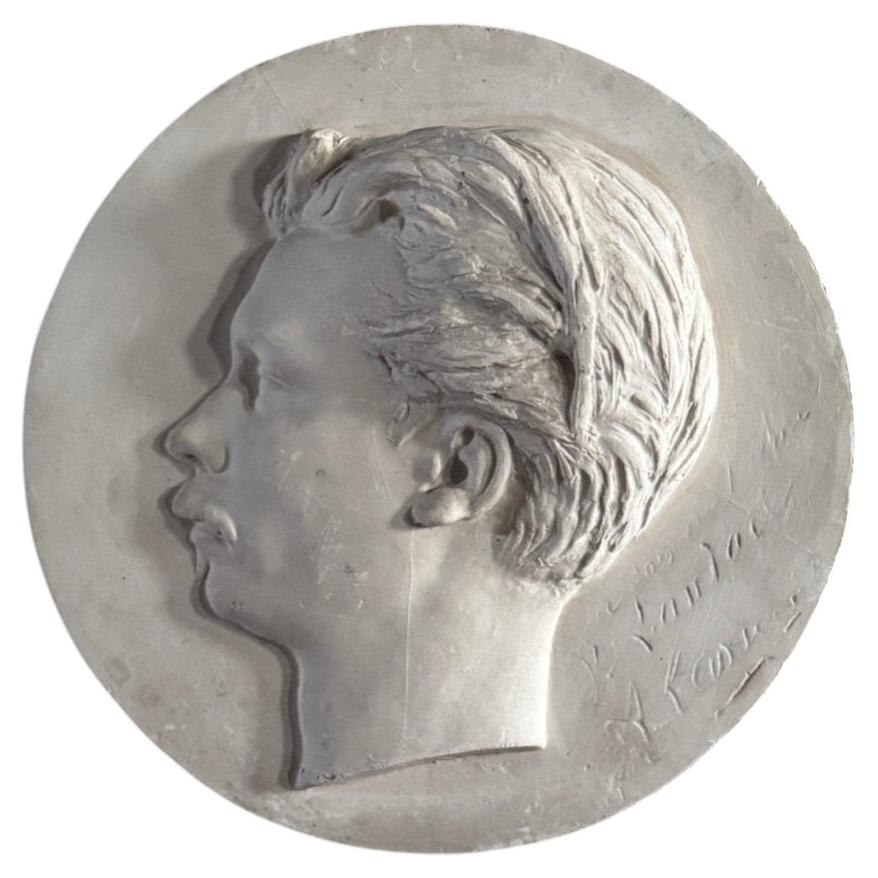 19th Century Plaster Bas-Relief of a Mustached Man, Velvet Frame For Sale