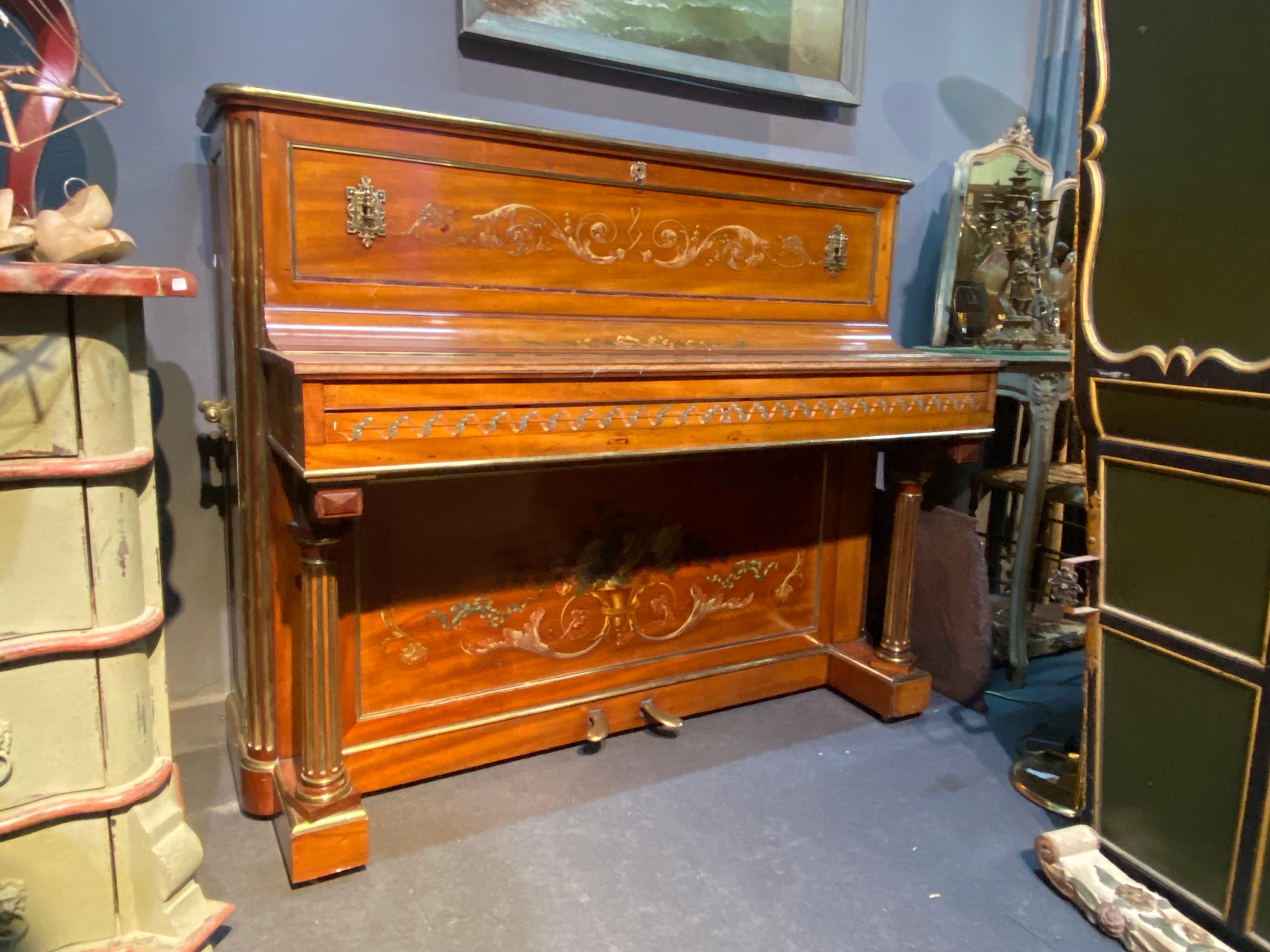19th Century Pleyel French Upright Piano Hand Painted Decoration and Fluted Legs For Sale 2