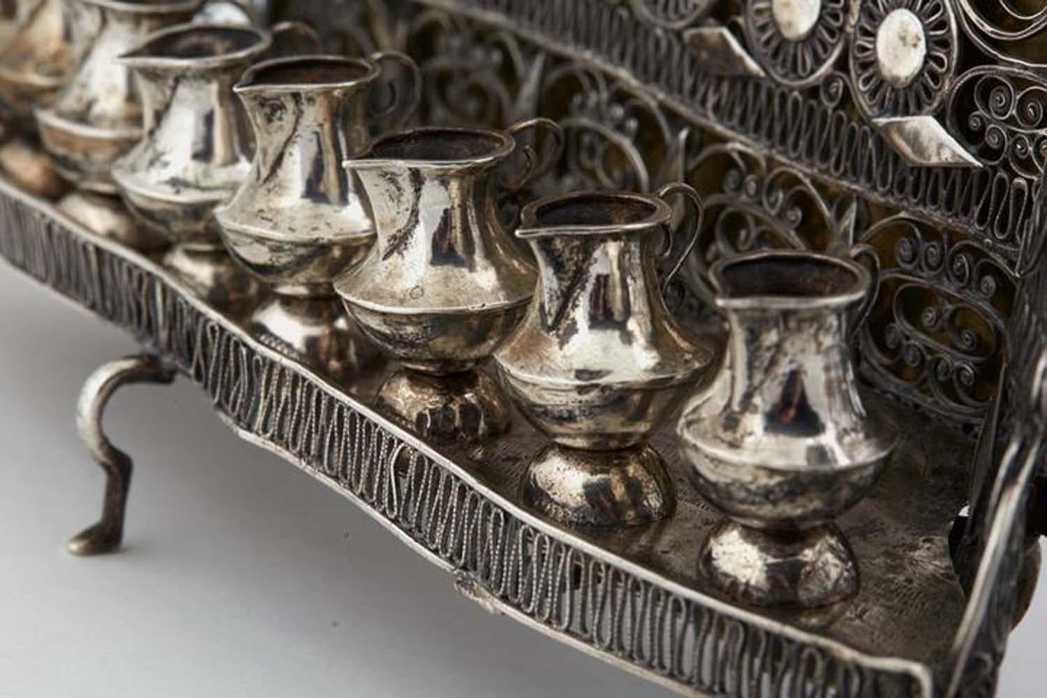 19th Century Polish Silver and Silver Filigree Hanukkah Lamp Menorah In Good Condition In New York, NY