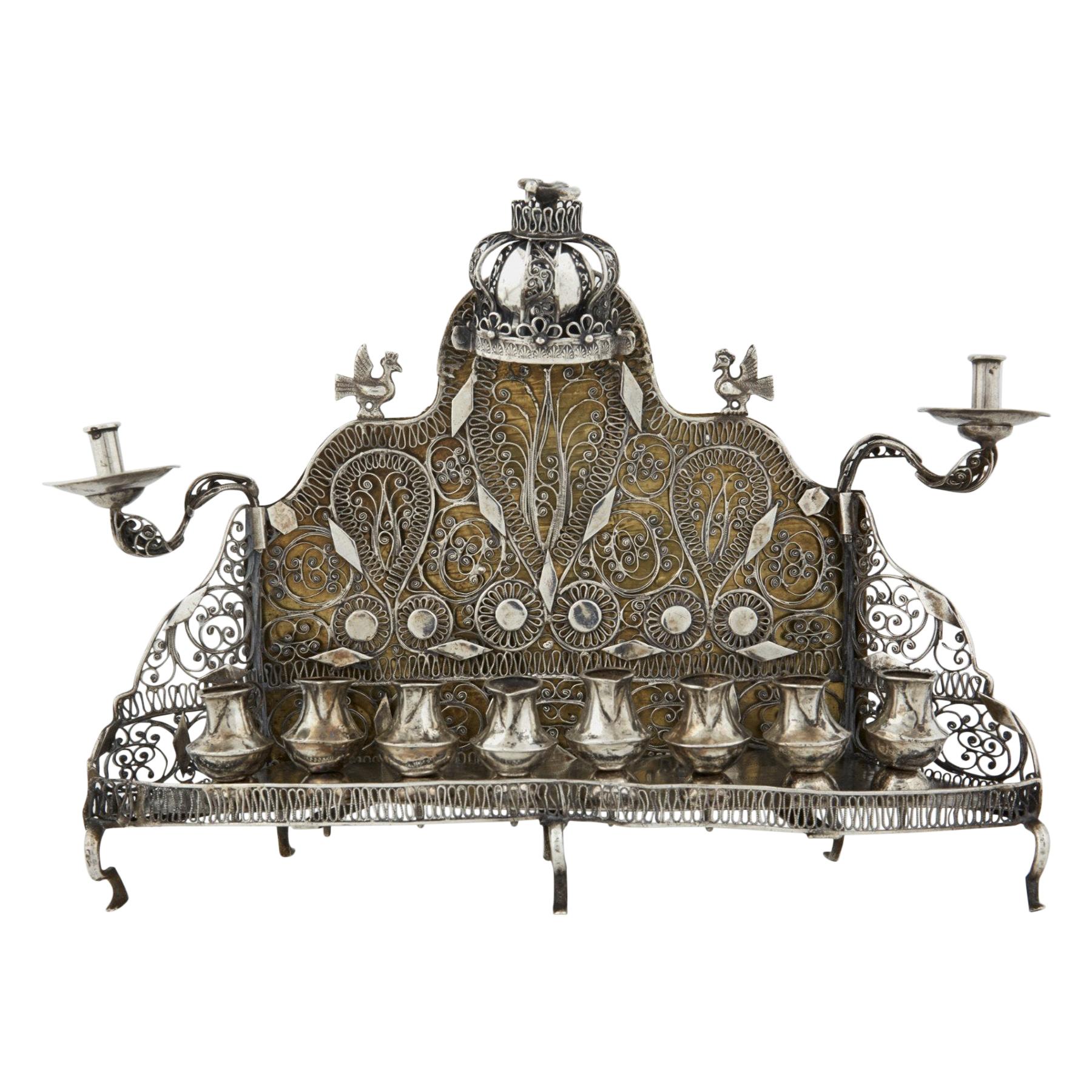 19th Century Polish Silver and Silver Filigree Hanukkah Lamp Menorah