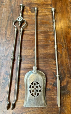 19th Century Polished Cast Iron Fire Tools Andirons