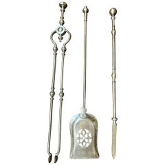 Antique 19th Century Polished Cast Iron Fire Tools Andirons