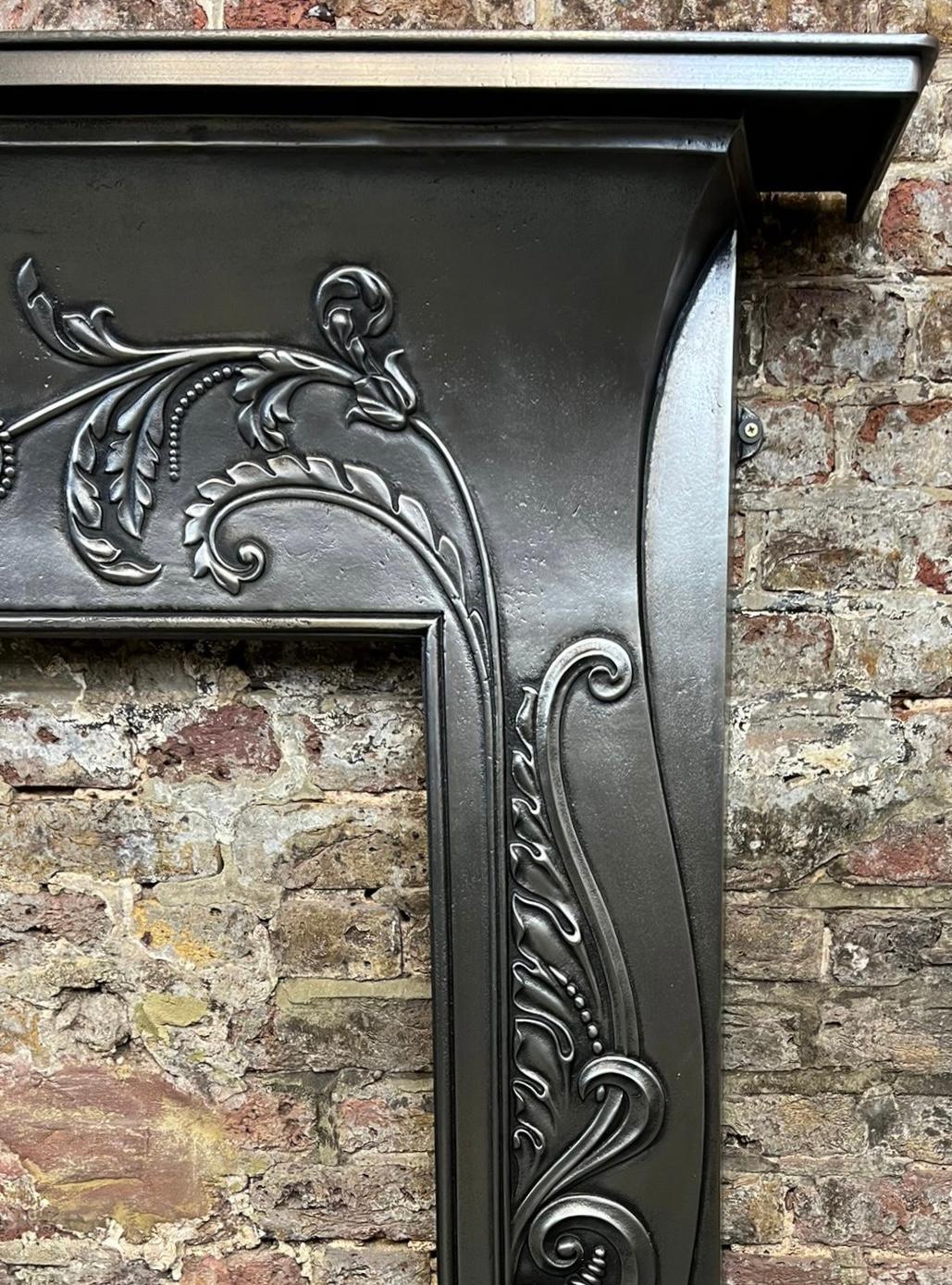 Art Nouveau 19th Century Polished Cast Iron Fireplace Mantlepiece For Sale