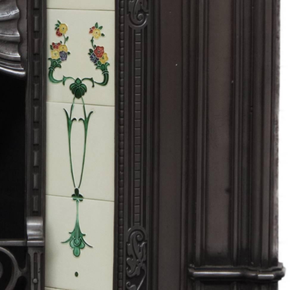 19th Century Polished Cast Iron Victorian Fireplace Surround and Tiled Insert 3