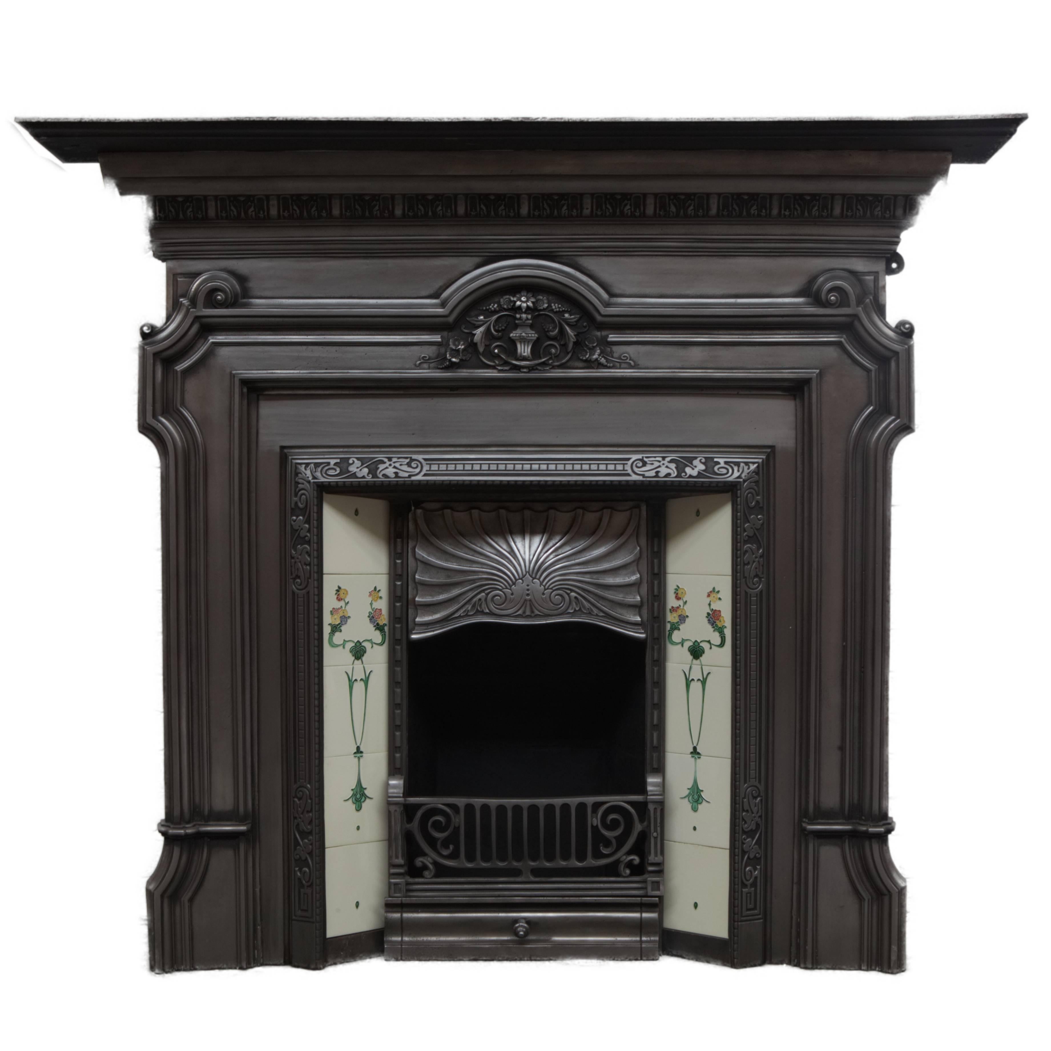 19th Century Polished Cast Iron Victorian Fireplace Surround and Tiled Insert