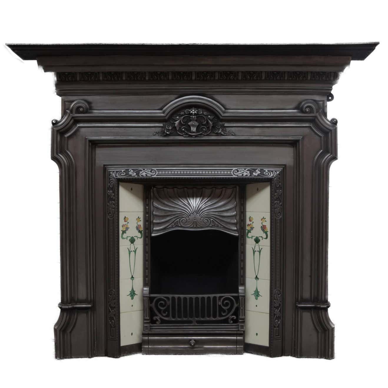 19th Century Polished Cast Iron Victorian Fireplace Surround and Tiled ...