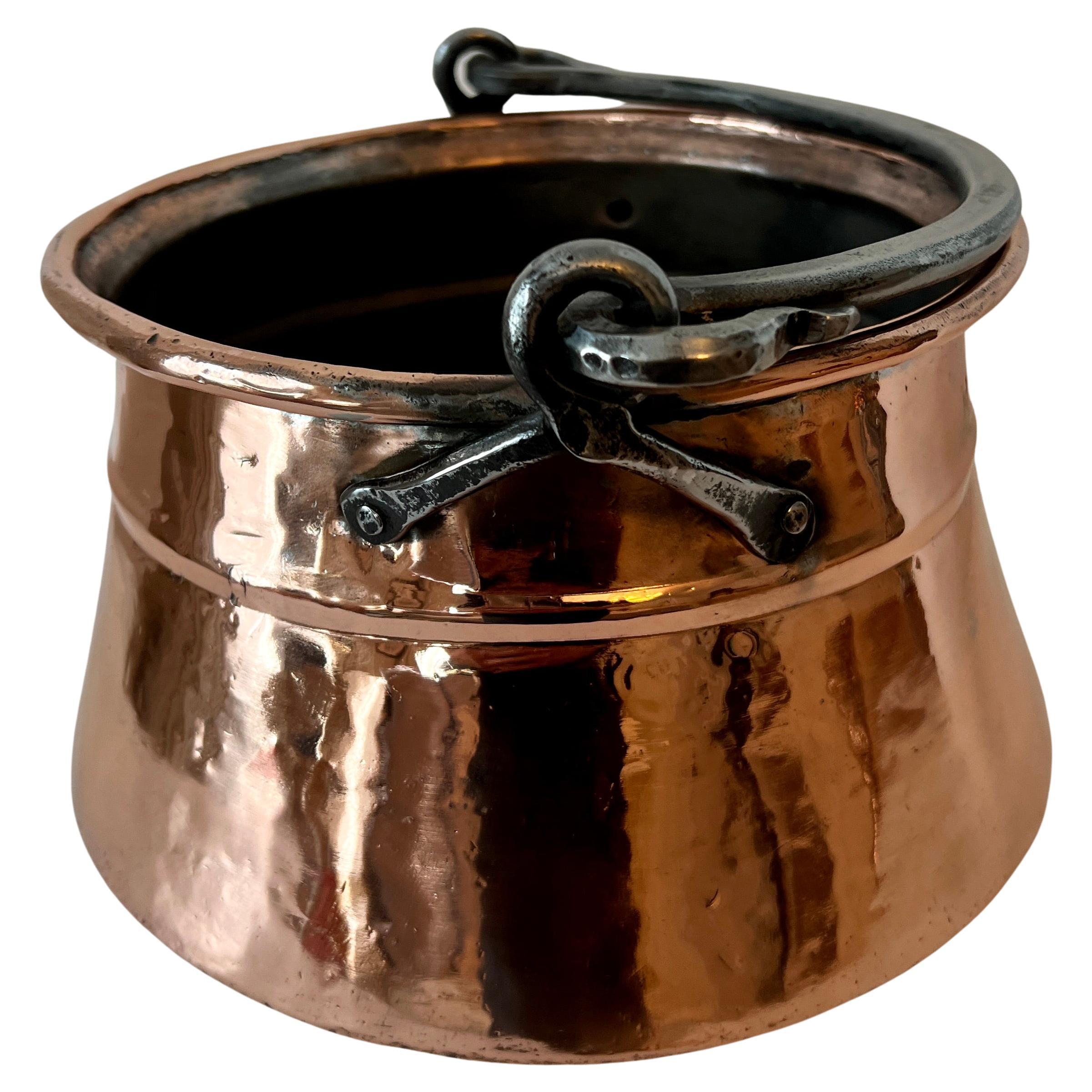 19th Century Polished Copper  Plater Jardiniere Cooking Pot with Handle For Sale