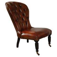 19th Century Polished Tan Leather Chesterfield Library Chair with Brass Studs