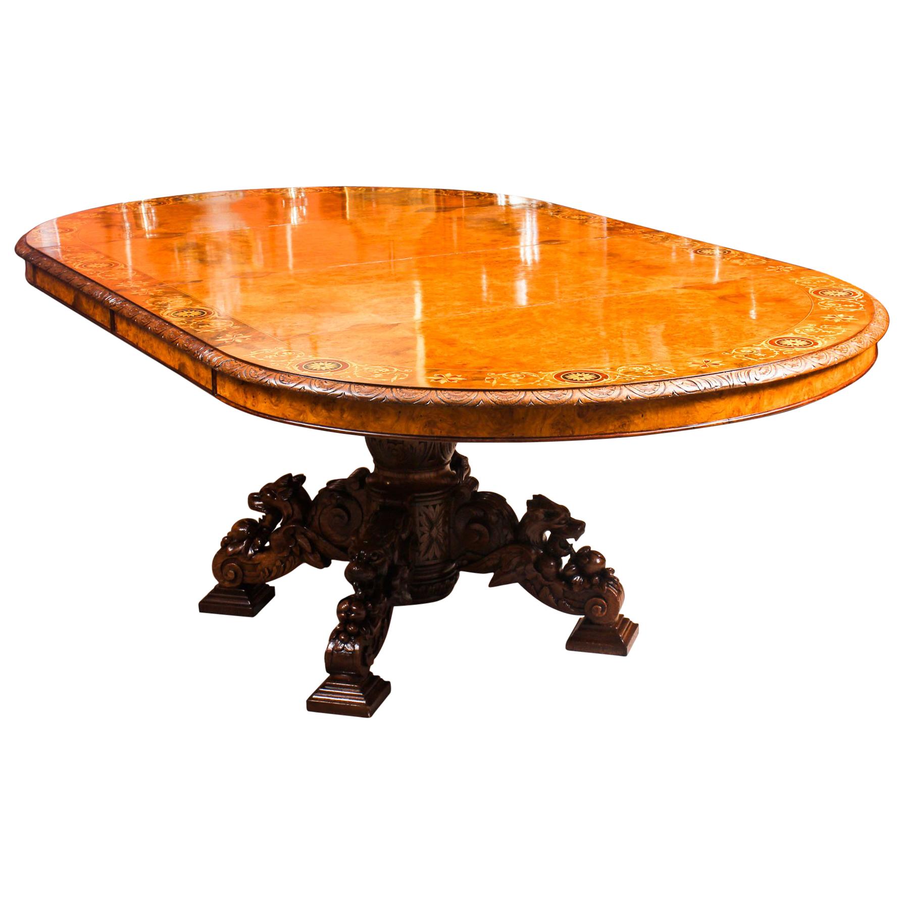 19th Century Pollard Oak and Marquetry Oval Victorian Dining Table