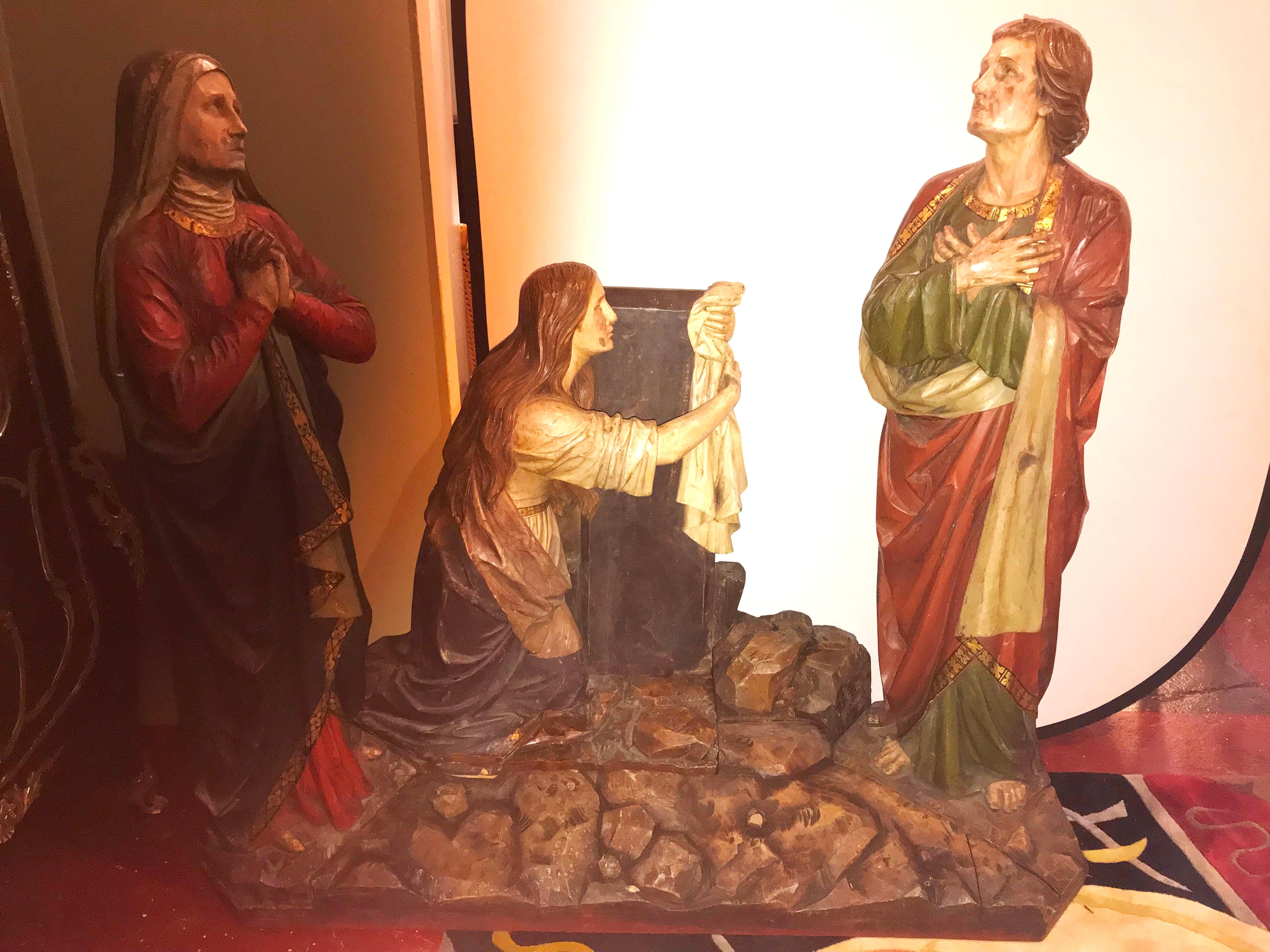 19th Century Polychrome and Paint Decorated Life Sized Crucifixion of Christ Religious scene. The three figures showing Mary at the left, Mary Magdalen kneeling, and St. John at the right. A cross with the image of the Christ was placed on the