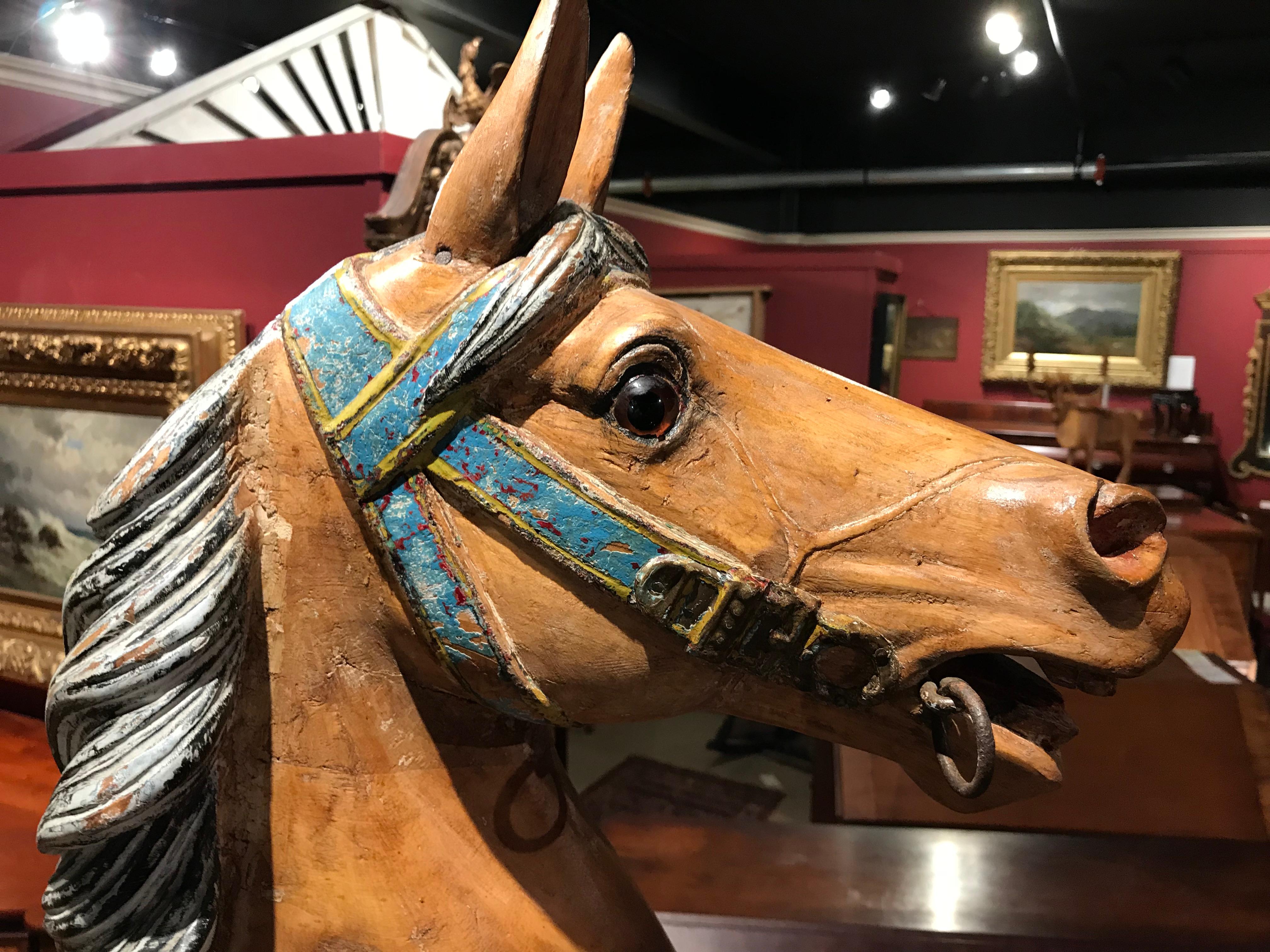 19th Century Polychrome Carved Carousel Horse on Stand In Good Condition In Milford, NH